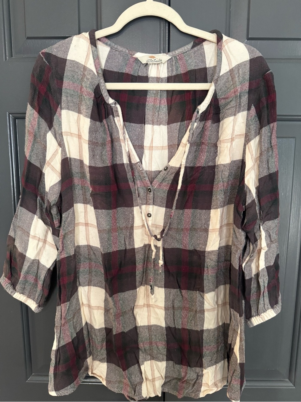 Plaid flannel Top - Cream & Burgundy